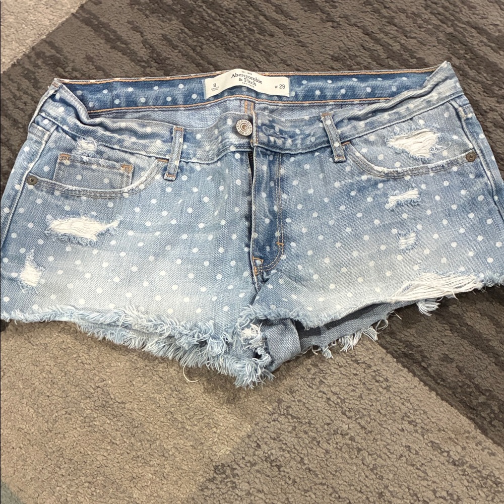 Abercrombie & Fitch Light Blue Polka Dot Distressed Denim Cutoff Shorts